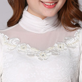 2015秋冬装新款韩版网纱蕾丝体桖棉白色高领打底衫长袖女式T恤厚
