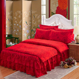 中式刺绣婚庆四件套大红色贡缎提花结婚床罩四四件套新婚床品