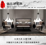 新中式家具 会所定制创意印花布艺组合沙发卡座 酒店实木休闲沙发