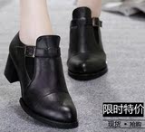 春秋季韩版中跟粗跟皮鞋尖头魔术贴低帮女式女人女款单鞋子短靴子