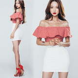 夏季新款韩版时尚格子百搭上衣性感露肩一字领镂空高腰一步裙短裙