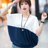 短袖 2016夏季新款韩版大码女蝙蝠装拼接休闲上衣T恤女