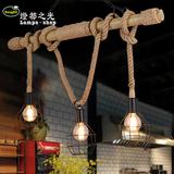 复古麻绳竹筒长条3头吊灯田园风创意个性吧台咖啡厅美式餐厅吊灯