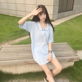 2016夏季新款韩版小清新学院风polo领中袖T恤女宽松中长款体恤裙