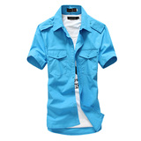 blueforce夏季男装贴袋情侣衬衣韩版修身潮男士纯色休闲短袖衬衫
