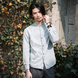 B62中国风原创设计 立领古着麻料 男士木扣 水洗长袖衬衫