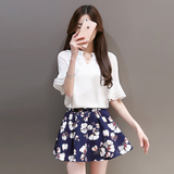 2016新款韩版夏装两件套连衣裙短袖荷叶边套装裙印花短裙女装裙子