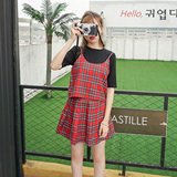 套装女夏韩版学院风格子短款吊带背心+百褶半身短裙休闲两件套潮