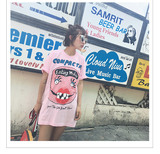 2016夏季新款韩版宽松短袖t恤女卡通中长款连衣裙拼色印花个性潮