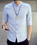 外贸原单夏季休闲韩版潮人五分袖衬衫男纯色青年休闲短袖衬衣大码