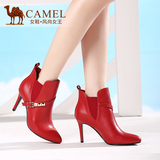 骆驼女鞋正品冬季尖头红色短靴套脚高帮婚鞋超细高跟新娘马丁靴子