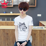夏季男士V领短袖T恤韩版青少年修身时尚体恤薄款学生纯棉半袖衫潮