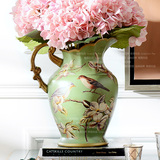 奇居良品欧式客厅卧室摆件 绿底春意彩绘花鸟陶瓷花瓶奶壶大号C