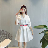 夏季新款韩版女装宽松翻领七分袖显瘦短裙V领配条纹腰带连衣裙M56