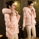 冬季 韩版显瘦加厚外套短款大毛领潮女直筒长袖连帽藕粉色羽绒服