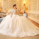 婚纱礼服2016新款夏季一字肩蕾丝花朵中袖韩式新娘婚纱显瘦长拖尾