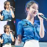 FX少女时代IU李智恩明星同款蓝色海军领风蝴蝶结短袖衬衣衬衫上衣