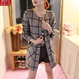 西多士2015秋装新品格子麂皮绒外套女中长款韩版长袖上衣修身风衣