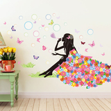 可移除卧室吹泡泡的女孩公主蝴蝶客厅玄关墙壁装饰墙贴纸贴画创意