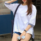 2016韩国大码不规则夏装新款圆领前短后长T恤女宽松中长款学生潮
