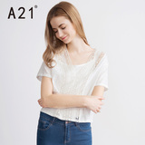 A21女装纯棉蕾丝短袖衬衣 2016夏季新款百搭甜美V领白色衬衫女