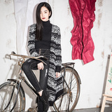 Chan原创设计 黑白条纹长款针织开衫外套女2015冬季新款