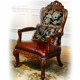 美式樱桃木雕花真皮布艺休闲椅单人沙发椅 欧式实木红皮办公椅