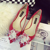 包邮 大红水晶鞋婚鞋新娘鞋 中跟细跟尖头时尚单鞋韩版711-83