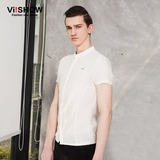 viishow夏装新款英伦质感铆钉扣男士方领纯色短袖白色纯白衬衫