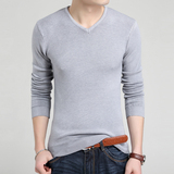 韩版  秋季新款潮流男装修身V领长袖t恤 时尚青年休闲男士打底衫