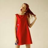 MintCheese独立设计 法式少女 设计感拼接正红 棉麻宽松连衣裙