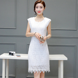 2016年新款韩版修身时尚蕾丝镂空中长款连衣裙女圆领收腰显瘦包裙