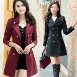大码风衣外套女2015秋冬装新款韩版中长款修身双排扣女式外衣