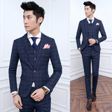 16年男装新款韩版修身西服格子经典英伦西服新郎西装三件套 2色