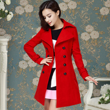 粉红大布娃娃2015秋冬修身OL双排扣红色中长款羊毛呢大衣外套大码