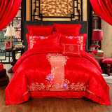 婚庆四件套大红刺绣1.8/2.0m床品纯棉贡缎结婚床上用品六八十多件