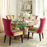美式实木复古做旧餐桌椅组合布艺铆钉餐椅法式实木圆形原木色餐桌