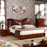 全实木床胡桃木床1.8米中式双人床简约真皮软靠背纯胡桃木实木床