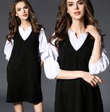 2016春夏女灯笼袖黑白假两件A字型显瘦V领衬衣学院风中长款连衣裙