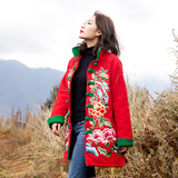 民族风棉麻女装秋冬装中式复古绣花中长款棉袄中国风外套