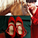 魔豆猫高端原创 日系复古甜美粗跟单鞋 红色反绒皮高跟鞋可做婚鞋