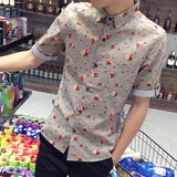 夏装男士印花短袖衬衫青少年日系韩版修身男装青年翻领半袖衬衣潮