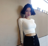【现货】韩国代购 纯棉 圆领 纯色 紧身 短款长袖T恤 女