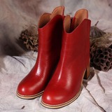 原创个性真皮女靴手工短靴粗跟全皮女鞋红色罗马靴侧拉链单靴子