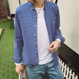 男装春季青年修身长袖韩版衬衣潮男士格子常规纯色衬衫男孩衣服。