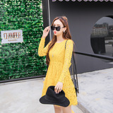 正品时尚女装2016韩版黄色长袖蕾丝公主蓬蓬裙显瘦中长款连衣裙