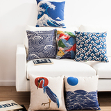 日式花纹布艺折扇浮世绘富士山民族风复古和棉麻沙发靠垫抱枕靠枕