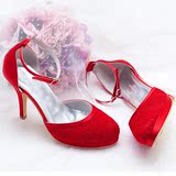 蝶兰朵水墨 一字扣红色蕾丝新娘婚鞋 高跟女鞋中式细跟圆头单鞋