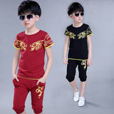 中大儿童夏季运动短袖t恤中裤套装 男童中国龙跳街舞衣服白红黑色