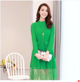 2016春装新款女式韩版修身中长款长袖雪纺纯色立领连衣裙A型裙潮